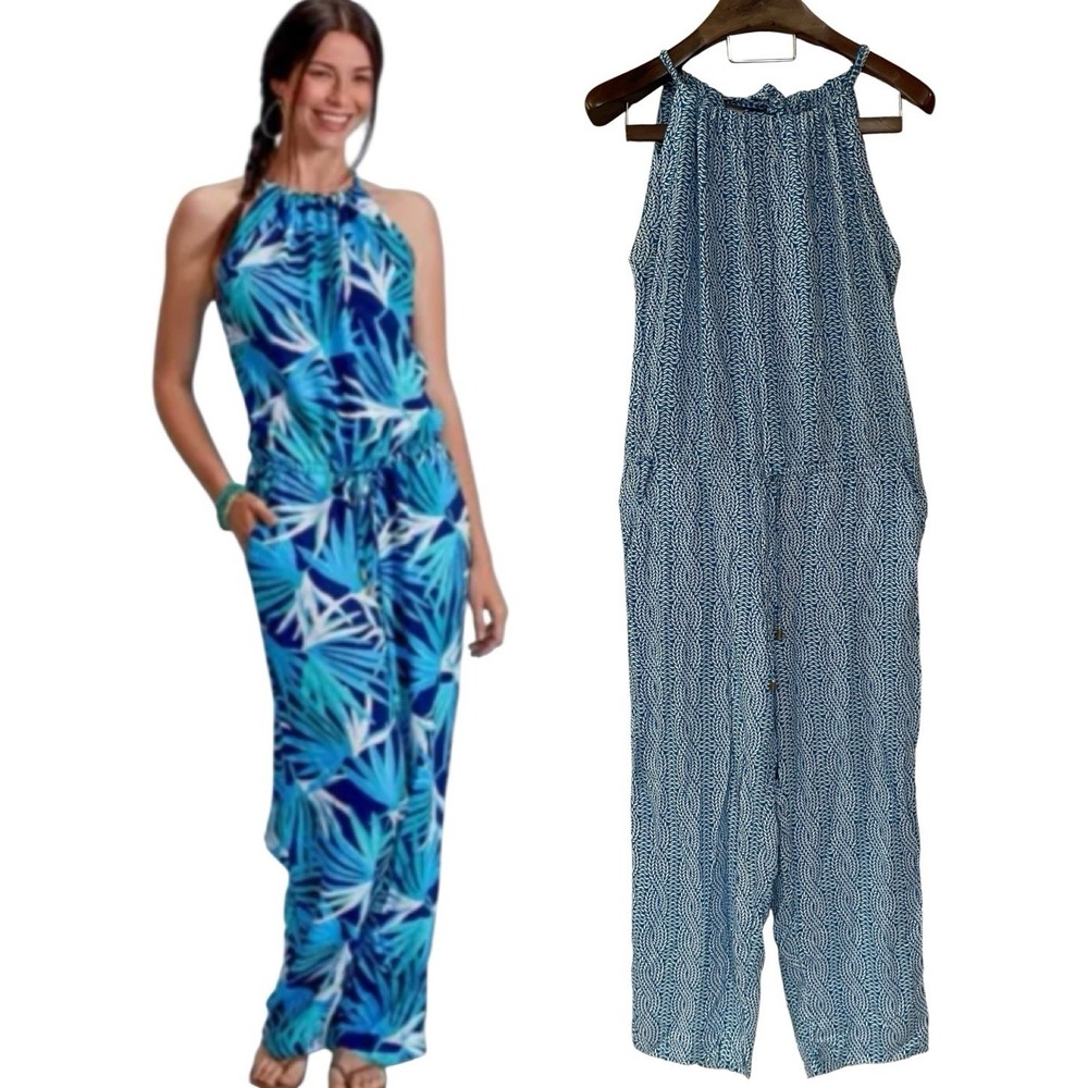 Escapada‎ Alice Jumpsuit Blue White Halter Drawstring Waist Tropical Resort M